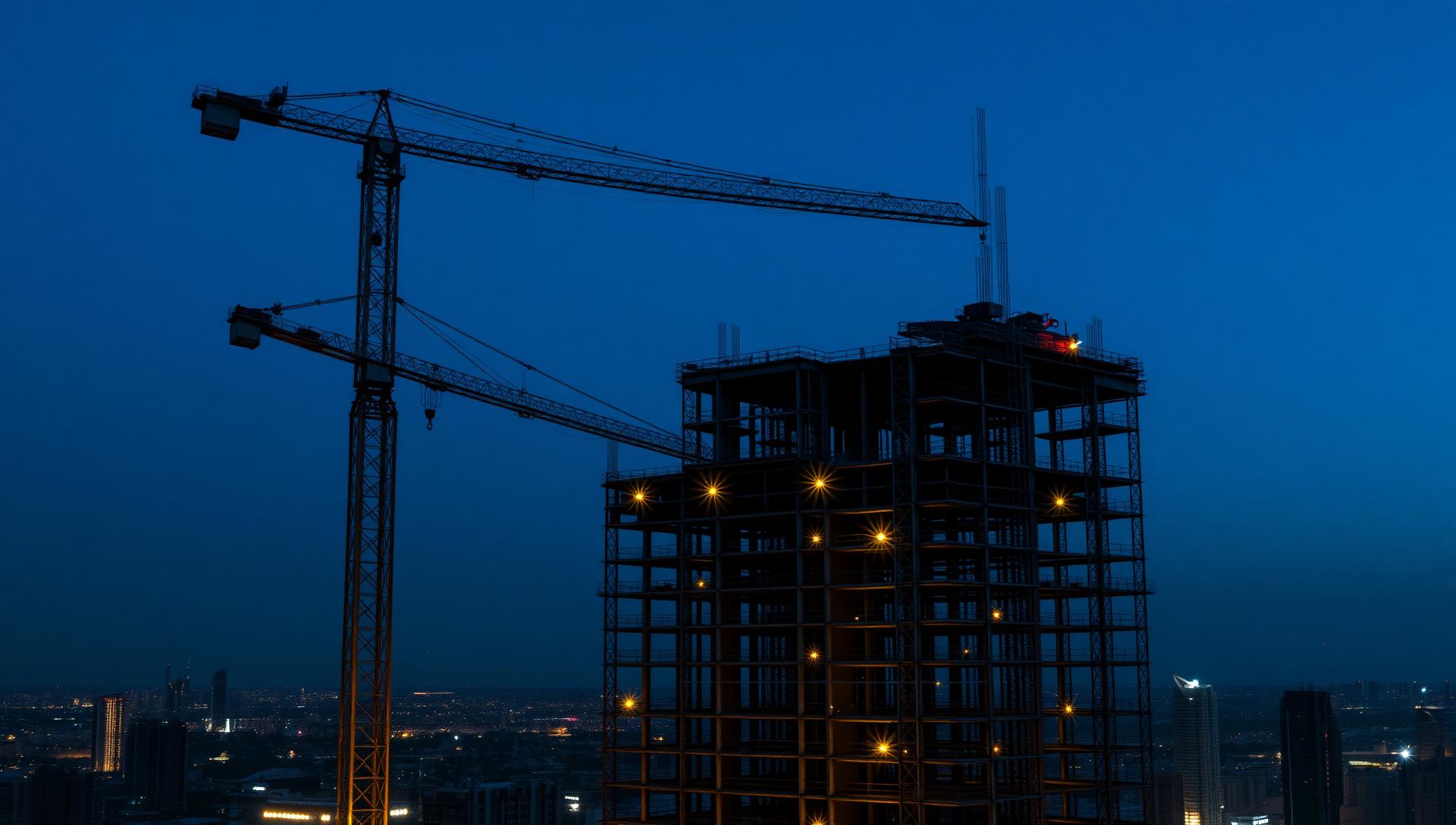 Tier-1 high-rise construction site at dusk